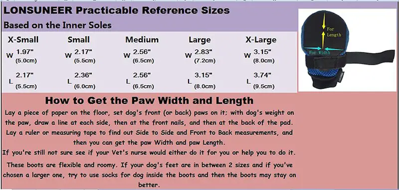 LONSUNEER Paw Protector Dog Boots Size Chart