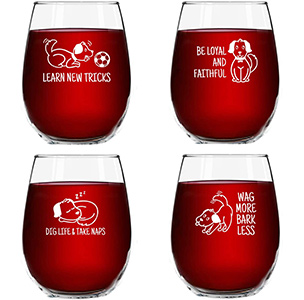 Dog Wisdom Novelty Stemless Wine Glasses Set of 4