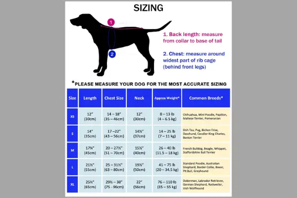 sizing chart of dogzstuff cooling vest